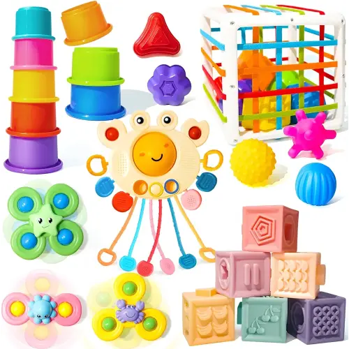 Montessori Jouets pour bébés de 0 à 3 à 6 à 12 mois, jouets 6 en 1 pour bébé de 4, 5, 6, 7, 8, 9 mois, blocs empilables pour bébé de 1, 2, 3 ans, garçons et filles