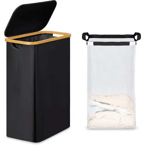 efluky Slim Laundry Basket with Lid, Narrow Laundry Hamper with Removable Bag, Skinny Dirty Clothes Basket with Bamboo Handles for Bathroom, Bedroom & Laundry Room, 65L Black