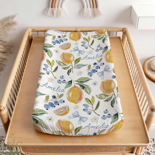 Lemon Changing Pad Cover, Personalized Amalfi Coast Nursery Decor, Mediterranean Baby Bedding | A300
