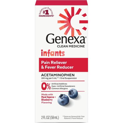 Genexa Infants' Clean Acetaminophen | Pediatrician Preferred Ingredients | Pain Reliever & Fever Reducer for Babies | Dye Free, 0% Artificial Additives | Delicious Organic Blueberry Flavor, 2 fl oz
