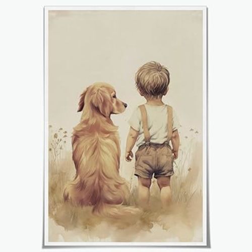 Golden Retriever Nursery Wall Art Boy & Dog Art Print Dog Painting Puppy Nursery Print Dog Art Kids Canvas Prints Aesthetic Wall Decor for Office Dorm Bedroom Unframed8x12inch