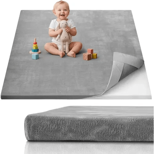Blissful Diary 1.3" Thick Baby Play Mat, 50x50 Playpen Mat with Removable & Washable Cover, Ultra Soft Crawling Rug for Floor, Foam Cushion & Non-Slip Backing for Kid, Toddlers and Infants, Light Grey