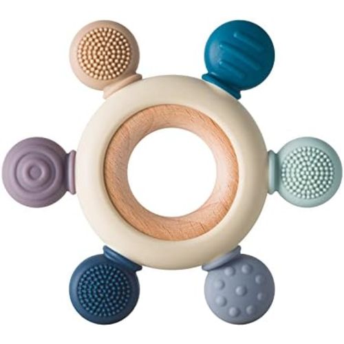 Baby Teething Toys Silicone Teethers BPA Free Silicone Rudder with Wooden Ring Soothe Babies Gums (Gray)