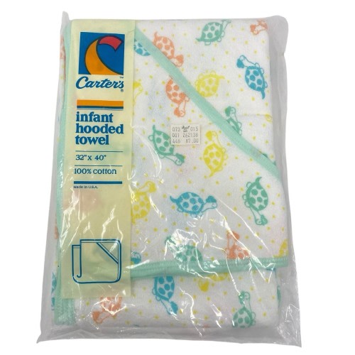 Vintage Carters Baby Terry Cotton Hooded Bath Towel Turtles 32"x40" new NOS