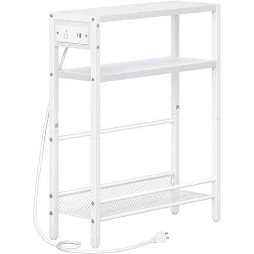 HOOBRO Small Narrow Side Table with Charging Station, Skinny End Table for Small Spaces, Slim Nightstand with USB Ports Outlet, Sofa Beside Table with Storage Shelf, White WT102UBZ01