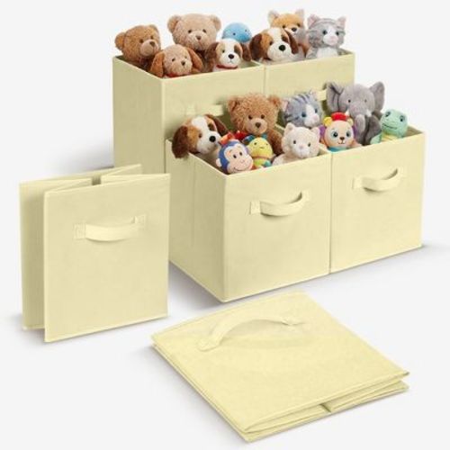 Cheer Collection 6 Pack Fabric Storage Cubes with Handles Collapsible Organizer Bins 11 Inch, Cream
