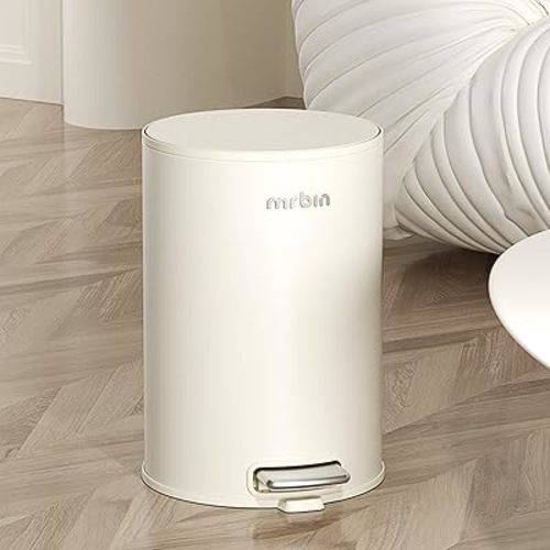 MRBIN Small Metal Bathroom Trash Can with Lid, Step Waste Basket for Bedroom, 9L / 2.4gal Round Garbage Pail Kitchen with Plastic Inner Bucket and Stainless Steel Pedal, White