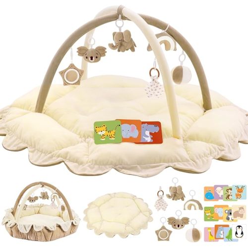 5-in-1 Plush Baby Play Gym, Activity Mat with Convertible Gym, Baby Gym 6 Sensory Toys, Play Center for Newborn to Toddler, Cream