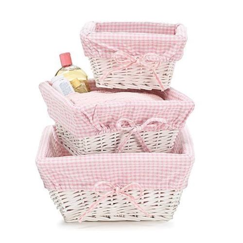 Set of 3 Baby Girl Nursery Storage Baskets - White Willow with Pink Cotton Gingham Fabric