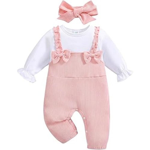 QITUDATEY Newborn Baby Girl Clothes Romper, Long Sleeve Cute One Piece Knit Jumpsuit Infant Outfits with Bow Headband