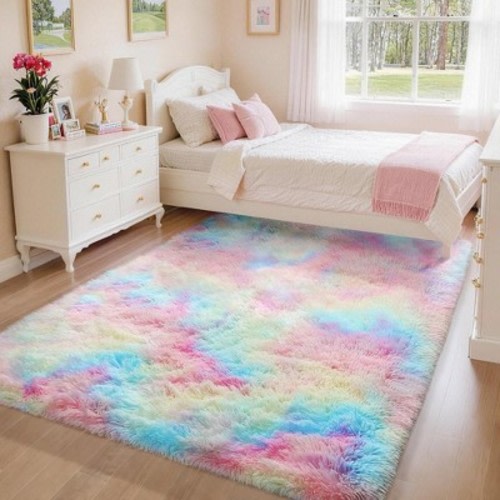Ophanie Rainbow Rug 4x6, Fluffy Shag Area Rug for Girls Bedroom, Colorful Soft Fuzzy Carpet for Kids Nursery, Teen Dorm Bedside Mat
