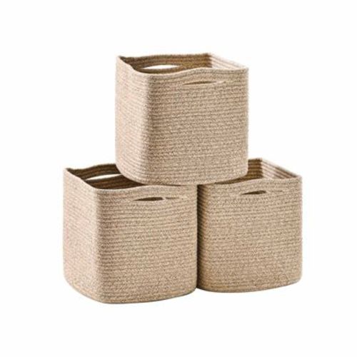 Aoibox 11 Inch Cube Storage Bins Woven Cotton Rope Baskets for Shelves Organizing Toys Nursery Square Brown 3 Pack