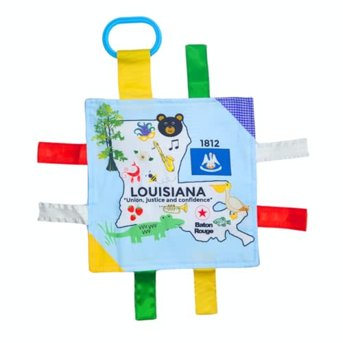 Baby Jack & Co 8x8” Learning Lovey Louisiana State Tag Stroller Toy for Babies - Crinkle Toys for Developing Five Senses - Learn About Capitals - Travel with Baby Jack - BPA Free Clip