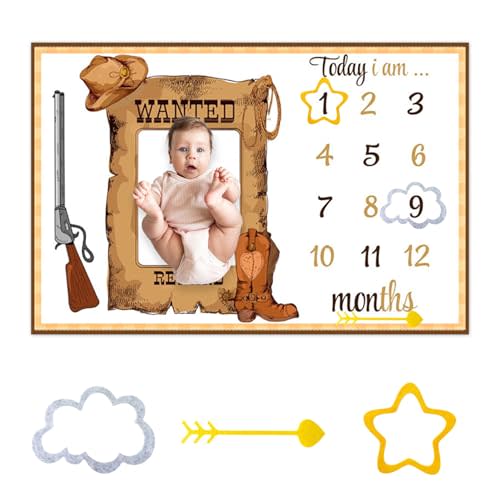 Western Adventure Theme Baby Monthly Milestone Blanket Western Cowboy Decor Background for Photography Newborn Growth Record Prop Blanket 60"x40" with Frames