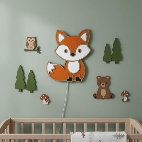 Fox Night Light Wooden Woodland Nursery Wall Lamp with Dimmable USB LED