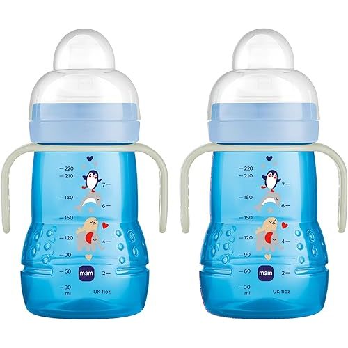 MAM Trainer Sippy Cup for Toddlers 1-3, 8 oz. Transition Drinking Cup with Extra-Soft Spout, Spill-Free Nipple, and Non-Slip Handles, for boys 4+ Months, 2 Count