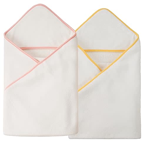 POLYTE Premium Hypoallergenic Microfiber Hooded Baby Bath Towel, 36 x 36 in, 2 Pack (White w/Yellow,Pink Trim)