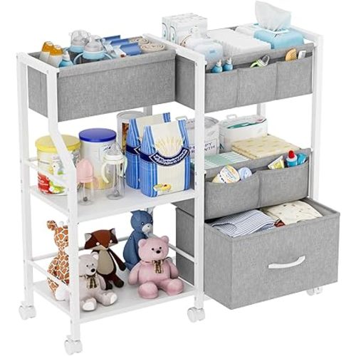 Baby Diaper Caddy Organizer and Storage, 3 Tier Rolling Cart with Dividers and Drawers, Mobile Utility Cart with Wheels for Nursery, Bedroom, Baby Newborn Essentials Storage Cart, White