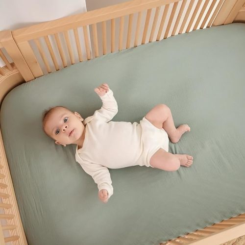 Crib Sheets – Organic Cotton Muslin Fitted Crib Sheet – Standard Size for Baby Boy and Baby Girl 28" x 52" Ultra-Soft and Breathable. 2-Pack (Fog/Roman Green)