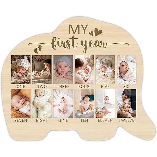 Elephant My First Year Photo Board, Baby Milestone Signs for Boys Girls Nursery Decor, 12 Month Pictures for Baby First Year, Picture Board for 2x3 Photos, Best Babies Keepsake Gifts-A28