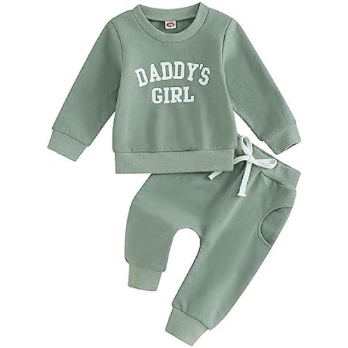 2Pcs Set Infant Baby Girl Fall Clothes Daddys Girl Long Sleeve Crewneck Sweatshirt+Joggers Pants Winter Outfit Set (Daddy's Girl-Green,0-6 Months)