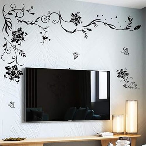 Supzone Flowers & Butterflies Wall Decals - DIY Black & Floral Wall Stickers for Bedrooms & Living Rooms