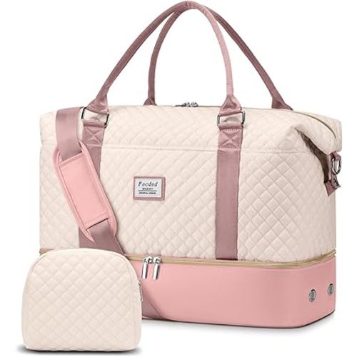 Travel Weekender Duffle Bags for Women: Overnight Bags with Shoe Compartment Large Carry on Weekend Bag with Toiletry Bag & Wet Pocket Tote Duffel Hospital Bag for Women Labor Delivery Beige Pink