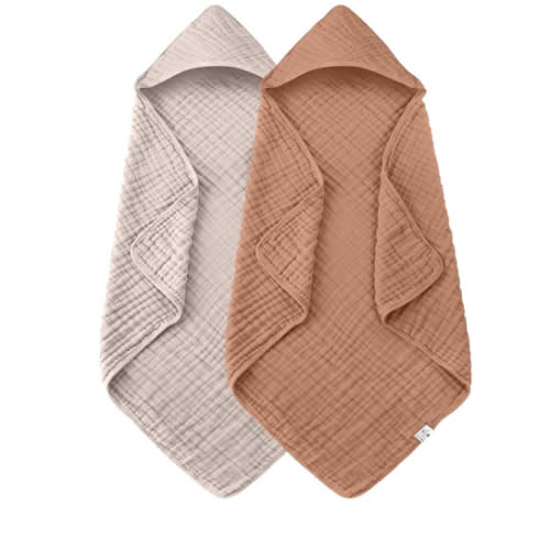 2 Pack Hooded Baby Towels - 100% Muslin Cotton for Newborns, Infants, Toddlers - Large 32x32 Inch Size - Highly Absorbent and Essential for Newborn Care, Light Bean Paste