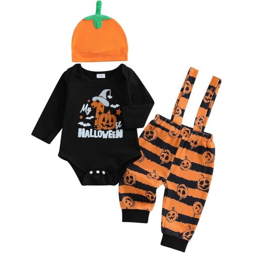 BemeyourBBs My First Halloween Baby Boy Outfit Long Sleeve Pumpkin Romper Pants Set with Beanie Hat Newborn Boy Fall Clothes