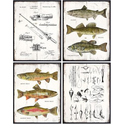 Fishing Accessories Patent Print, Rod, Reel, Lures Wall Art Set - Lake or Mountain House Decor for the Home - Rustic Vintage Bass, Trout, Freshwater Fish Room Decoration Poster - Gift for Fishermen