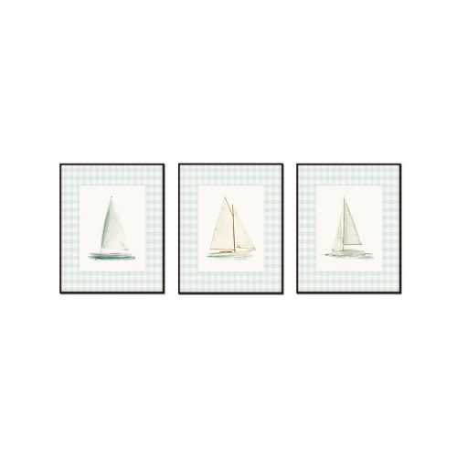 Set of 3 Watercolor Sailboat Giclee Prints, Seafoam Gingham Border (Unframed)