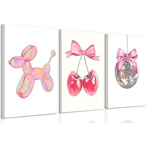 Trendy Pink Bows Canvas Wall Art Set of 3, Vintage Preppy Cherry Disco Ball Posters Wall Decor, Pink Girly Room Aesthetic Painting Prints for College Apartment Living Room Bedroom 12x16 In Framed