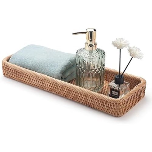 Rattan Bathroom Vanity Trays Toilet Tank Baskets Long Narrow Hand Towel Storage Basket for Storage, Decorative (Natural 16.3 x 6.1 x 2 inch)