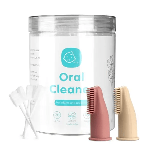 Baby Tongue Cleaner Toothbrush 30Pcs Disposable Infant Tooth Brush Clean Baby Mouth with 2Pcs Finger Toothbrush Oral Cleaning Stick Gauze Cleaner Stick Dental (Beige, 32 Piece Assortment)
