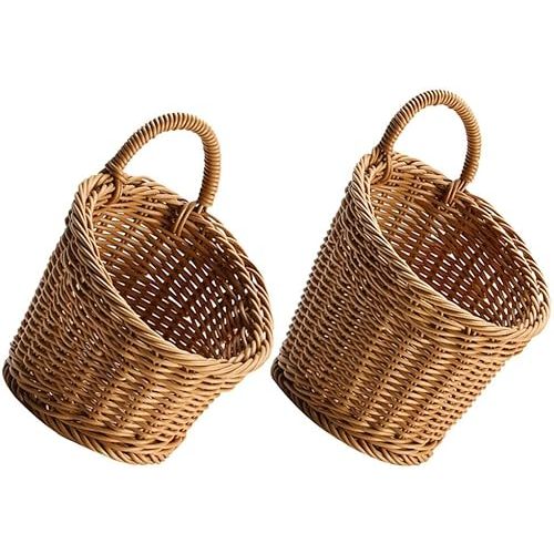 Zerodeko Wall Hanging Onion Basket, 2pcs Wicker Woven Basket Handmade Rattan Basket Fruits and Veggies Storage Basket for Pantry Kitchen Garden