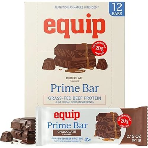 Equip Foods High Protein Prime Bars – Grass Fed Beef Protein, Collagen & Tallow – Gut Friendly, Gluten Free - 20g Protein Bars - Only Real-Food Ingredients - On-the Go Snack - Chocolate, 12 Count