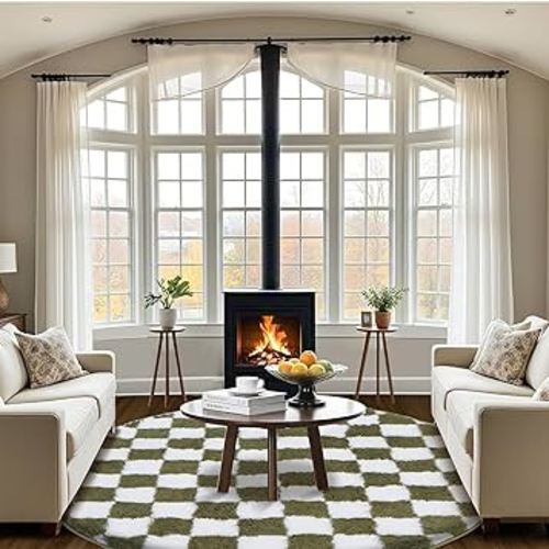 Super Soft Rug, Round Rug for Bedroom, 7X7 Ft Green and White Checkered Round Rug Non-Slip High Pile Cute Soft Fluffy Rug for Living Room Bedroom Kids Room