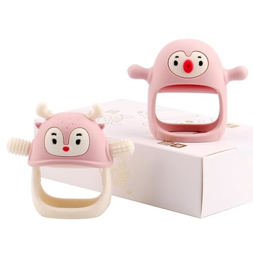 Baby Teething Toy |Penguin Teether for 0-6Months |Reindeer Baby Chew Toys for 3m+, Soft Silicone Hand Teether |Teething Mitten for Teeth Pain Relief, Newborn Essentials Gift Box, Light Pink