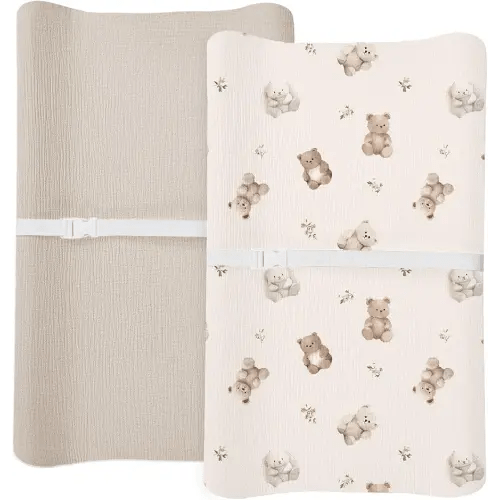 Changing Pad Cover for Baby Boy Girl 2 Pack, Muslin Changing Table Pad Covers with Boho Style, Neutral Nursery Bedding Essentials Soft and Breathable (Teddy & Friends)