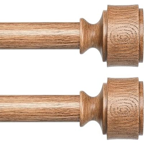 2 Pack Wood Curtain Rods for Windows 30 to 56 Inch, Adjustable Decorative 1'' Heavy Duty Metal Curtain Rod with Modern Faux Wood Grain Finials, Rustic Farmhouse Bedroom Boho Drapery Pole