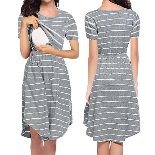 Fengqque Nursing Maternity Maternity Postpartum Comfort Dress Pajamas Short Sleeve Stripe Long Skirt Breast-feeding Pregnant Nursing Long Dre