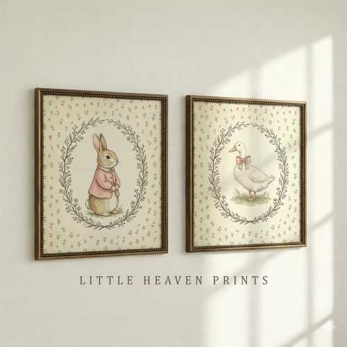 Bunny and Goose Prints - Printable Nursery Wall Art  Set of 2, Baby Girl Nursery Room Decor, Cottagecore Bunny Duck Poster, Instant Download