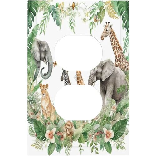 Tropical Leves Safari Animals Giraffe Elephant Zoo Outlet Covers 1 Gang Duplex Light Switch Cover Decorative Switch Plates Electrical Receptacle Faceplate Wall Plate for Kids Room Nursery Decor