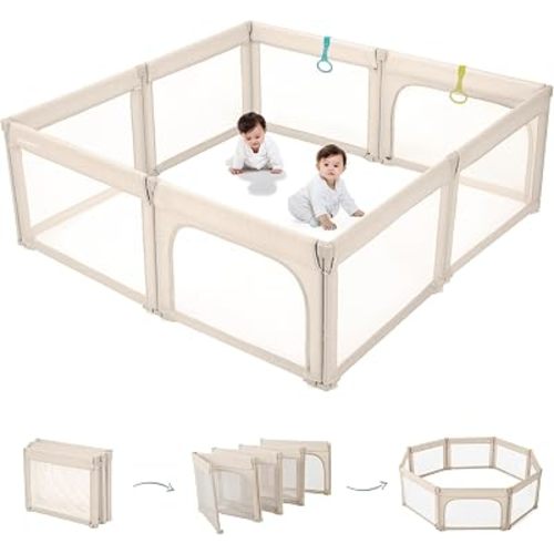 Doradotey 8-Panel Foldable Baby Playpen for Toddlers 1-3, Adjustable Shape Large 79x71 Indoor Playard, No Tools Assembly, 360° Breathable Mesh, Separate Washable Panels Safety Fence, Khaki