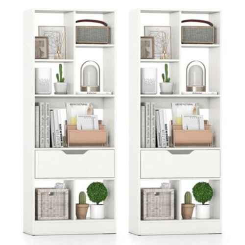 Costway 2 PCS 51” Tall Bookcase with Drawer 7 Open Cubes Anti-toppling Kits for Study Home White