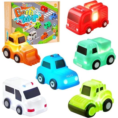 Baby Bath Toys, 6 Pack Light Up Cars Bath Toys, No Hole No Mould Bathtub Toy for 1 2 3 Year Olds, Flashing LED Sensory Toy for Toddlers, Bath Time Shower Gifts for Boys and Girls