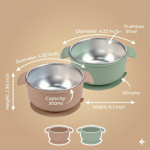 Stainless Steel Suction Bowl Set of 2 (Mocha Mousse & Sage – Tots Ground