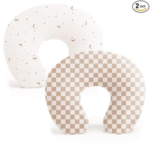 Konssy 2 Pack Nursing Pillow Covers, Stretchy and Soft Nursing Cover for Breastfeeding Pillows, Pillow Slipcover for Baby Girls Boys Newborn (Moon,Coffee Check)