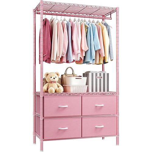 Raybee Clothing Rack with 4 Drawers and Shelves, Heavy Duty Clothes Rack for Hanging Clothes,Portable Closet,Metal, Sturdy,Pink