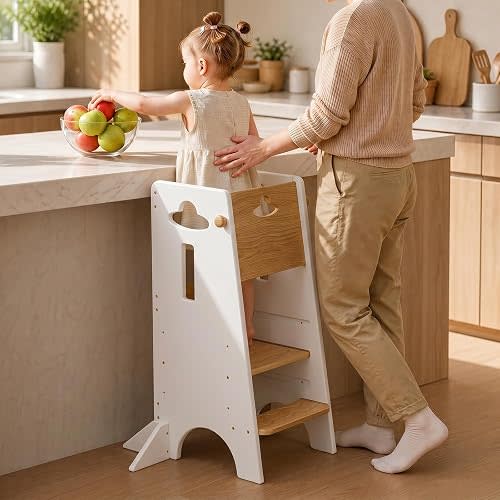 COSYLAND Toddler Standing Tower Adjustable Height (NO Wide Back Panel) - Super Stable Toddler Kitchen Stool Helper - 3 Levels Adjustable Wooden Kids Kitchen Stool (Natural & White)